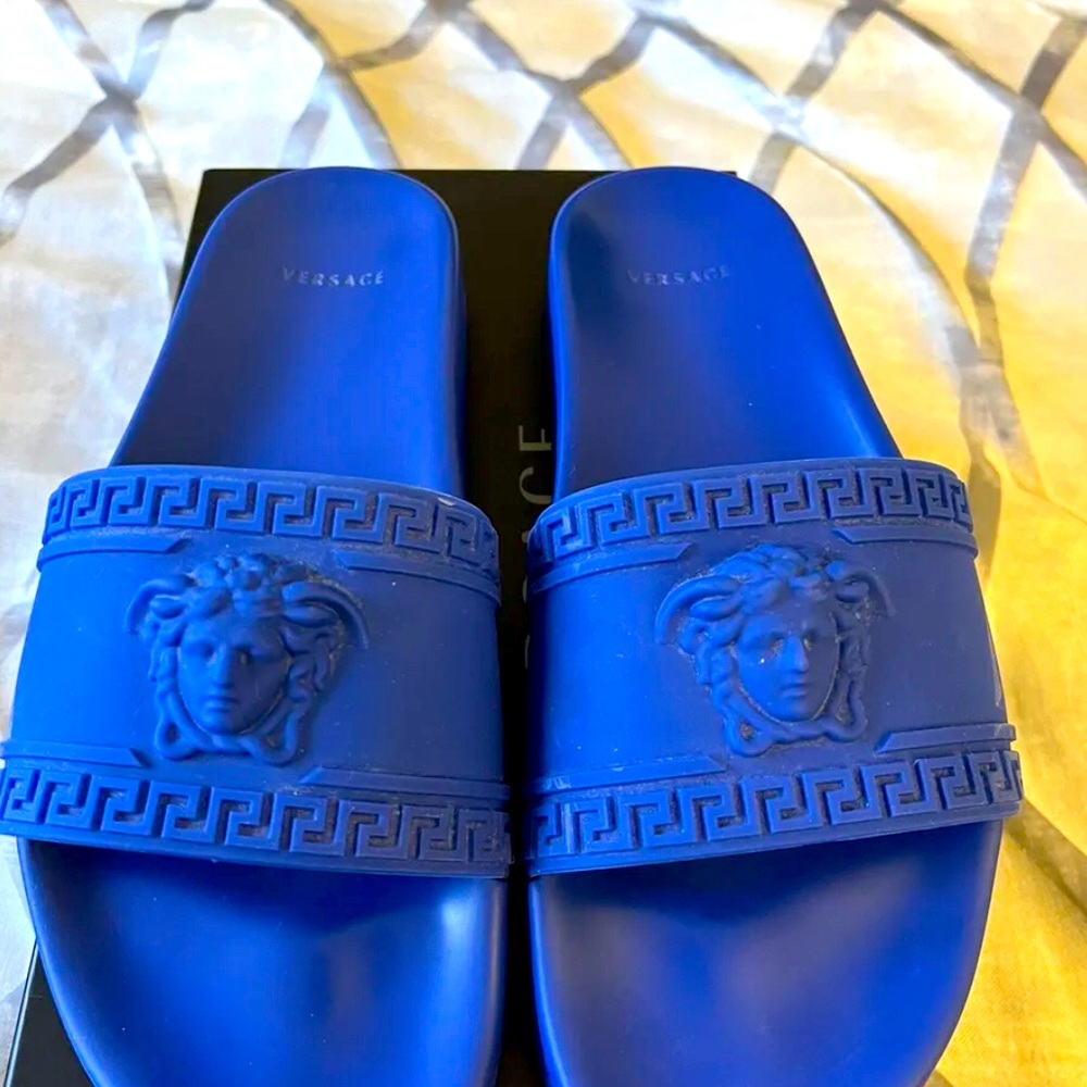 dark blue versace slides
